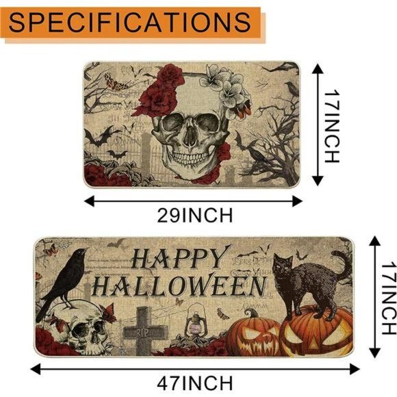 Halloween Kitchen Mat,  Non Skid Washable Set of 2, Skull (17"x29"&17"x47") - Picture 3 of 6